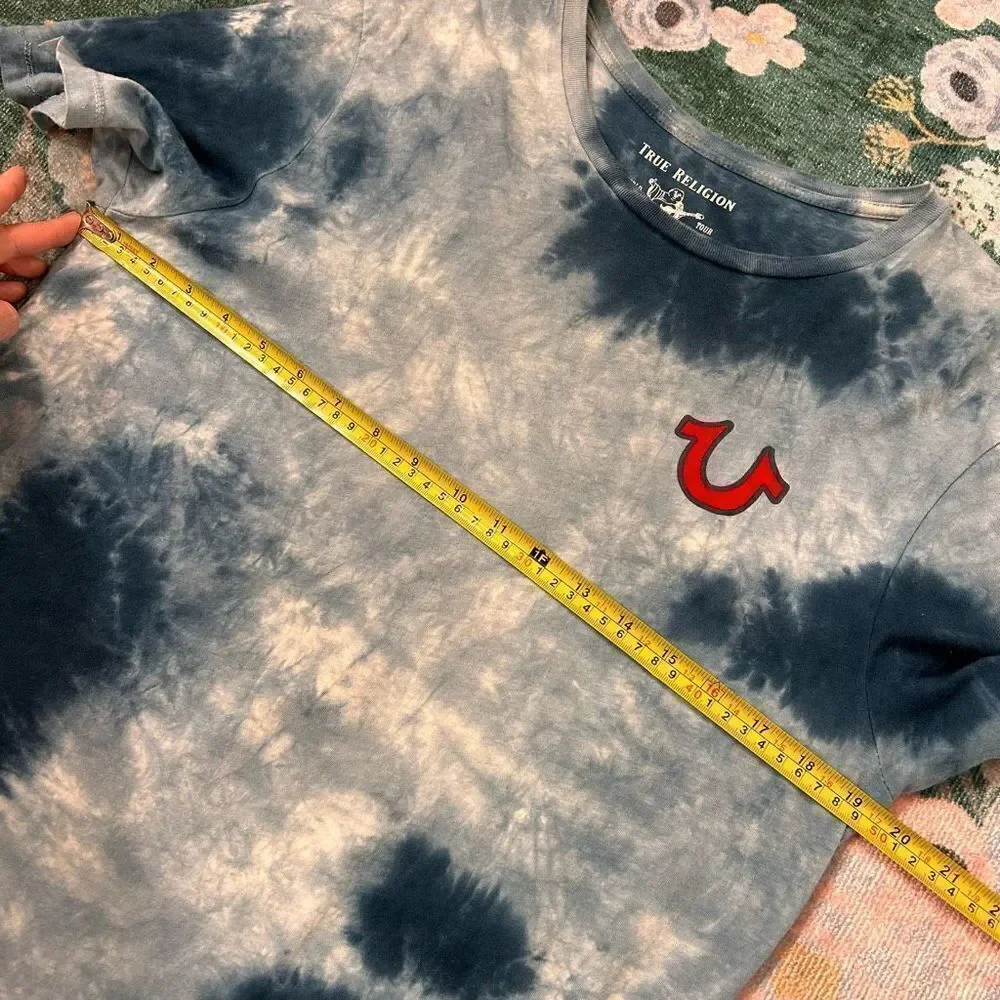 True Religion Men’s Ocean Waves Blue Tie Dye Buddha Tee Shirt Horseshoe Small